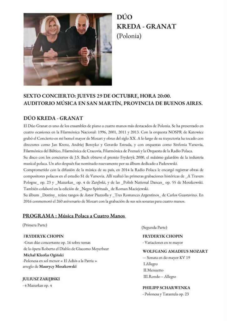 DUO KREDA - GRANAT
Jueves 29 de Octubre - 2000 hs
Auditorio Musica en San Martin
Tucuman 2157
San Martin
